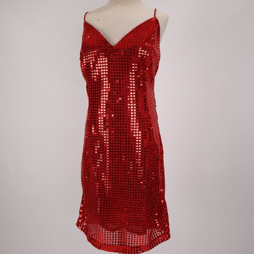 ❄️ Vintage Frederick's of Hollywood Red Sequin Mini Slip Dress Party Holiday XS